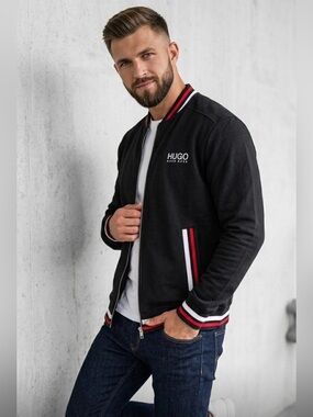 Hugo Boss Black Bomber Jacket with Red & White Stripe Accents Sizes (S/M/XL/XXL)
